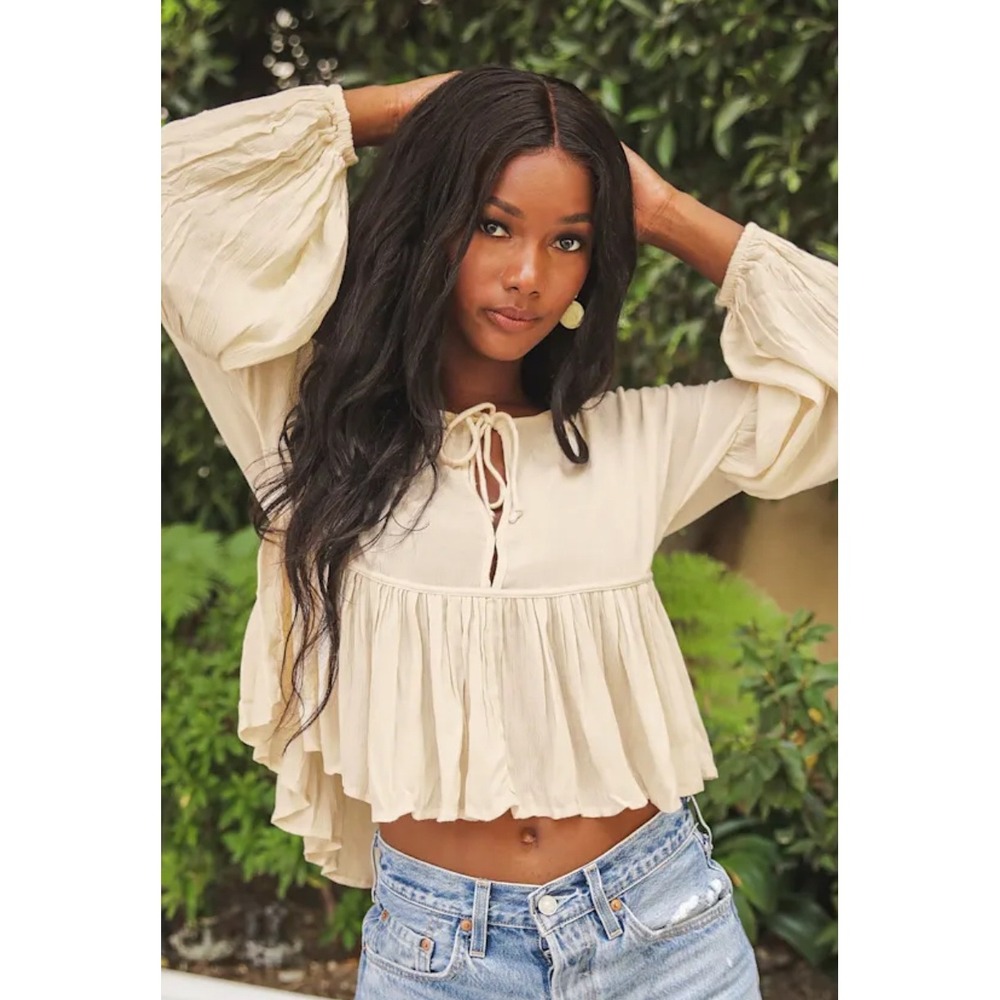 O'Neill Cream Peasant Ruffle Hem Long Sleeve Blouse